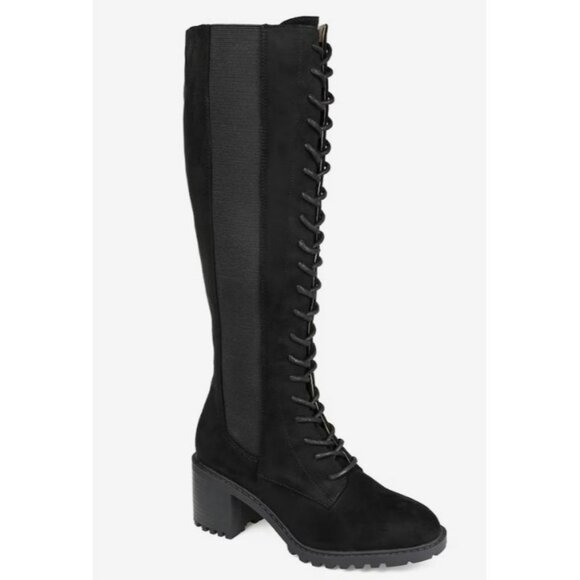 Journee Black Suede Knee-High Lace Up Block Heel Boots Sz 8 NEW - Picture 1 of 11
